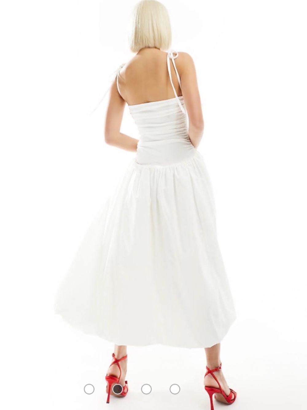 Amy Lynn Alexa Tie-Shoulder Midi Dress Poplin Drop Waist Bubble Skirt White - Picture 7 of 11